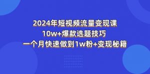 2024年短视频-流量变现课：10w+爆款选题技巧 一个月快速做到1w粉+变现秘籍-个人经验技术分享