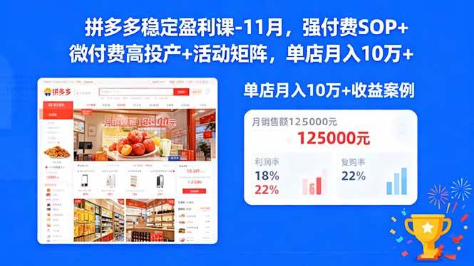 拼多多稳定盈利课-11月，强付费SOP+微付费高投产+活动矩阵，单店月入10w+ -1